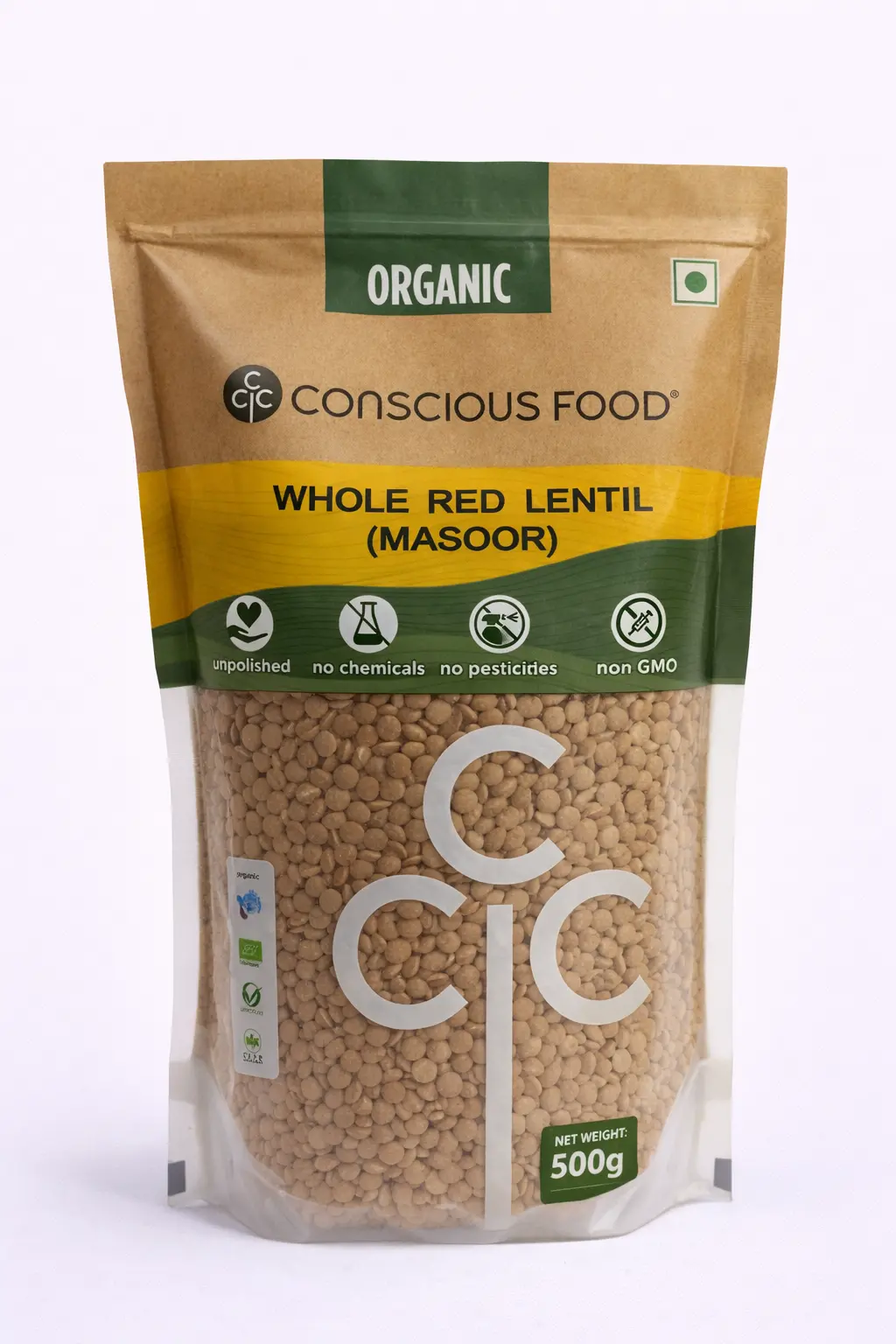 Conscious Food Organic Whole Red Lentils (Masoor) - 500 gm